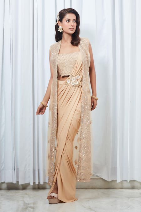 Buy Saaj By Ankita Beige Jersey Sequins Round Neck Embroidered Pre-draped Saree Set Online at Aza Fashions Buy_Saaj By Ankita_Beige Jersey Sequins Round Neck Embroidered Pre-draped Saree Set_Online_at_Aza_Fashions