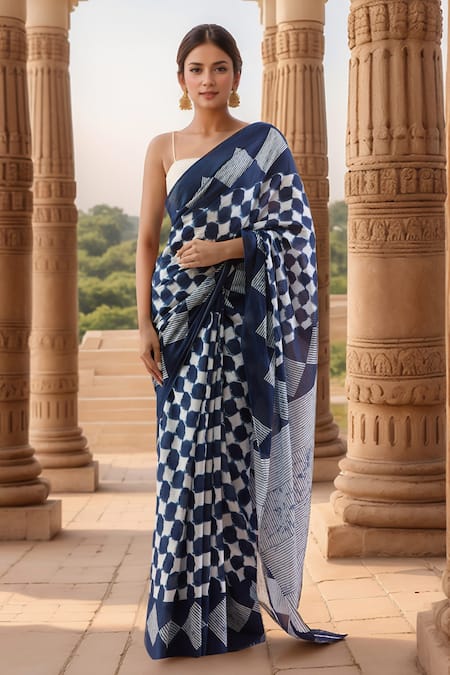 Samyukta Singhania Geometric Print Blue Cotton Saree 