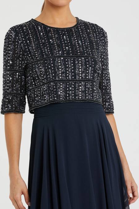 Mac Duggal_Blue Polyester Pearls, Sequins Round Neck Midnight Gown _Online_at_Aza_Fashions