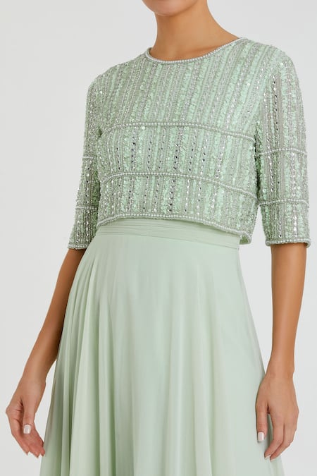 Mac Duggal_Green Polyester Pearls, Sequins, Beads Round Neck Sage Embellished Gown _Online_at_Aza_Fashions