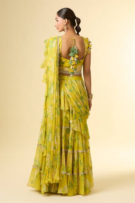 Shop Paulmi And Harsh Silver Zari, Sequins, Embroidery Split Floral Print Pre-draped Lehenga Saree Set at Aza Fashions Shop_Paulmi And Harsh_Silver Zari, Sequins, Embroidery Split Floral Print Pre-draped Lehenga Saree Set_at_Aza_Fashions