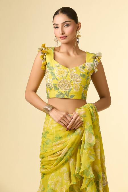 Paulmi And Harsh Silver Zari, Sequins, Embroidery Split Floral Print Pre-draped Lehenga Saree Set Online at Aza Fashions Paulmi And Harsh_Silver Zari, Sequins, Embroidery Split Floral Print Pre-draped Lehenga Saree Set_Online_at_Aza_Fashions