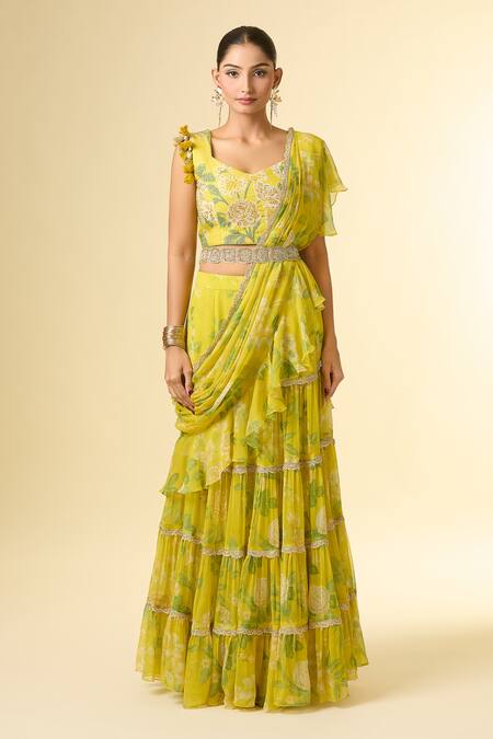 Buy Paulmi And Harsh Silver Zari, Sequins, Embroidery Split Floral Print Pre-draped Lehenga Saree Set Online at Aza Fashions Buy_Paulmi And Harsh_Silver Zari, Sequins, Embroidery Split Floral Print Pre-draped Lehenga Saree Set_Online_at_Aza_Fashions