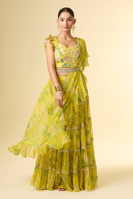 Shop Paulmi And Harsh Silver Zari, Sequins, Embroidery Split Floral Print Pre-draped Lehenga Saree Set Online at Aza Fashions Shop_Paulmi And Harsh_Silver Zari, Sequins, Embroidery Split Floral Print Pre-draped Lehenga Saree Set_Online_at_Aza_Fashions