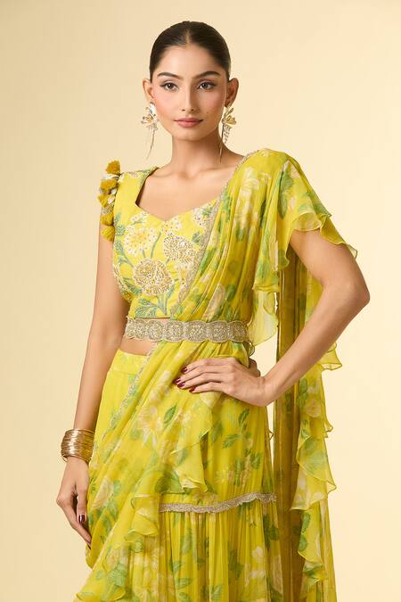 Paulmi And Harsh Silver Zari, Sequins, Embroidery Split Floral Print Pre-draped Lehenga Saree Set at Aza Fashions Paulmi And Harsh_Silver Zari, Sequins, Embroidery Split Floral Print Pre-draped Lehenga Saree Set_at_Aza_Fashions