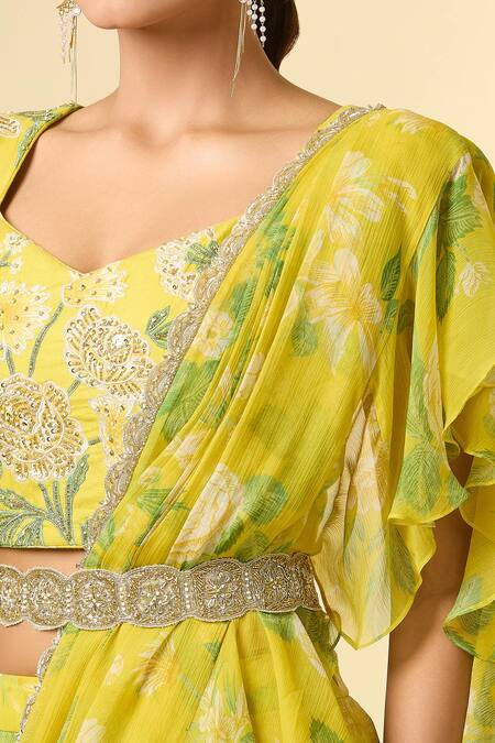 Buy Paulmi And Harsh Silver Zari, Sequins, Embroidery Split Floral Print Pre-draped Lehenga Saree Set Buy_Paulmi And Harsh_Silver Zari, Sequins, Embroidery Split Floral Print Pre-draped Lehenga Saree Set