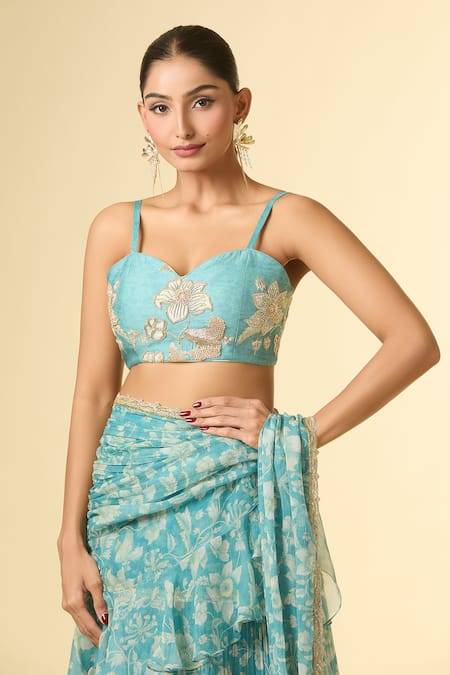 Paulmi And Harsh_Blue Cotton, Georgette Zari, Sequins, Floral Vine Print Pre-draped Lehenga Saree _Online_at_Aza_Fashions