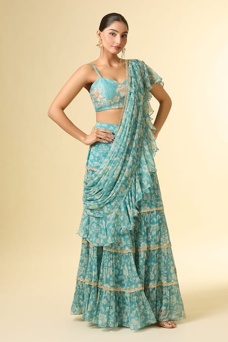 Buy_Paulmi And Harsh_Blue Cotton, Georgette Zari, Sequins, Floral Vine Print Pre-draped Lehenga Saree _Online_at_Aza_Fashions