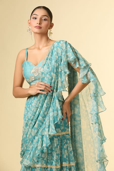 Shop_Paulmi And Harsh_Blue Cotton, Georgette Zari, Sequins, Floral Vine Print Pre-draped Lehenga Saree _Online_at_Aza_Fashions