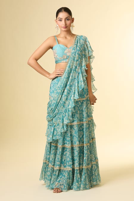 Buy_Paulmi And Harsh_Blue Cotton, Georgette Zari, Sequins, Floral Vine Print Pre-draped Lehenga Saree 