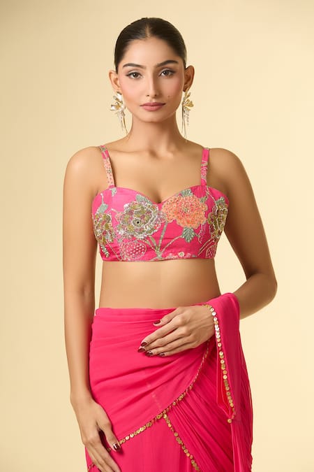 Paulmi And Harsh_Pink Cotton, Chiffon Sequins, Beads, Embroidery, Zari Floral Pre-draped Saree _Online_at_Aza_Fashions