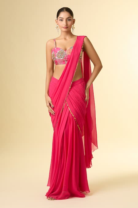 Buy_Paulmi And Harsh_Pink Cotton, Chiffon Sequins, Beads, Embroidery, Zari Floral Pre-draped Saree _Online_at_Aza_Fashions