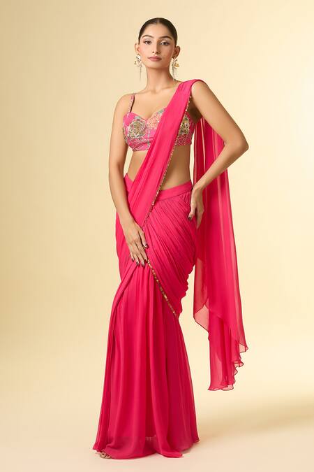Shop_Paulmi And Harsh_Pink Cotton, Chiffon Sequins, Beads, Embroidery, Zari Floral Pre-draped Saree _Online_at_Aza_Fashions