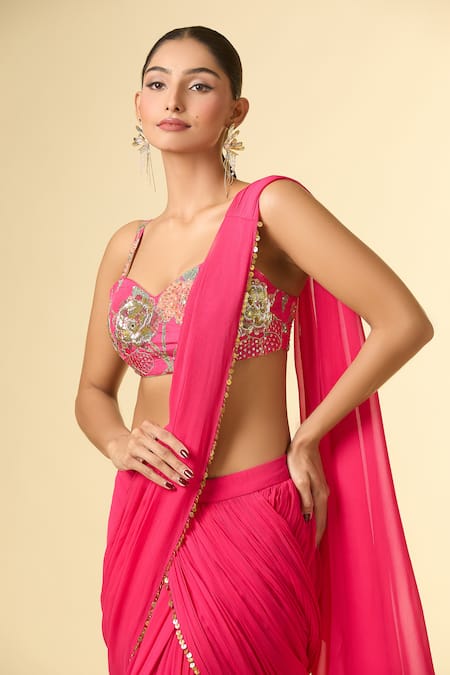 Paulmi And Harsh_Pink Cotton, Chiffon Sequins, Beads, Embroidery, Zari Floral Pre-draped Saree _at_Aza_Fashions