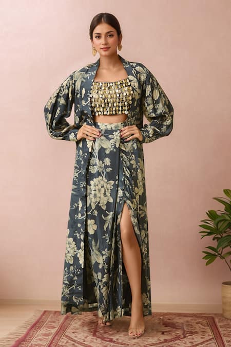 Paulmi and Harsh Botanical Print Jacket Draped Skirt Set 