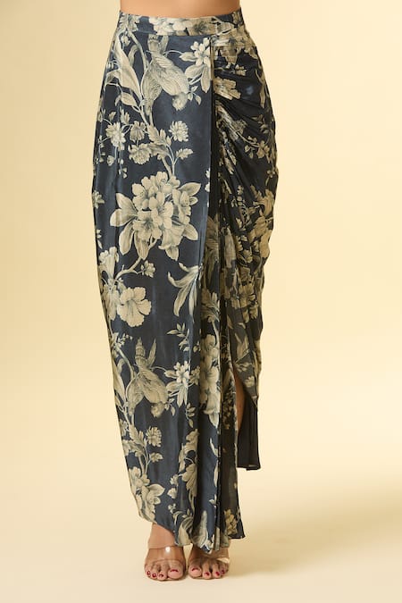Paulmi And Harsh_Gray Cotton, Silk Tassels, Metallic Botanical Print Jacket And Draped Skirt Set _Online_at_Aza_Fashions