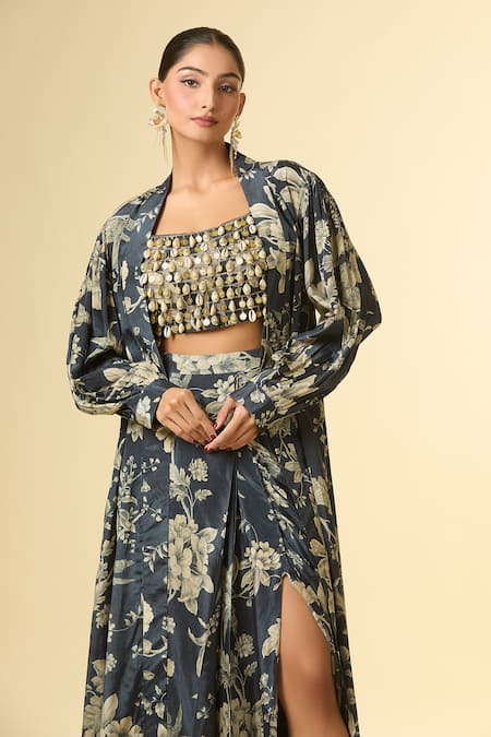 Buy_Paulmi And Harsh_Gray Cotton, Silk Tassels, Metallic Botanical Print Jacket And Draped Skirt Set _Online_at_Aza_Fashions