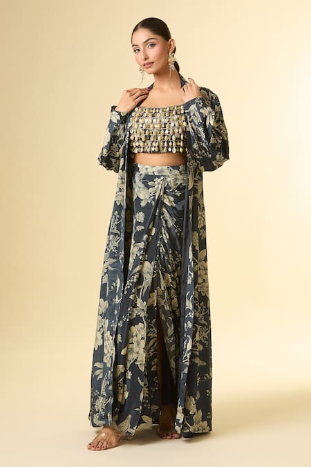 Paulmi And Harsh_Gray Cotton, Silk Tassels, Metallic Botanical Print Jacket And Draped Skirt Set _at_Aza_Fashions