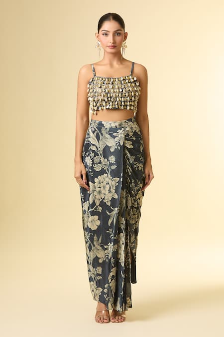 Buy_Paulmi And Harsh_Gray Cotton, Silk Tassels, Metallic Botanical Print Jacket And Draped Skirt Set 