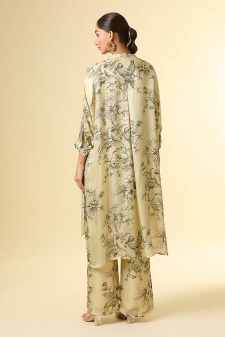 Shop Paulmi And Harsh Beige Cotton Tassels Mandarin Collar Flower Printed Kurta Pant Set at Aza Fashions Shop_Paulmi And Harsh_Beige Cotton Tassels Mandarin Collar Flower Printed Kurta Pant Set_at_Aza_Fashions