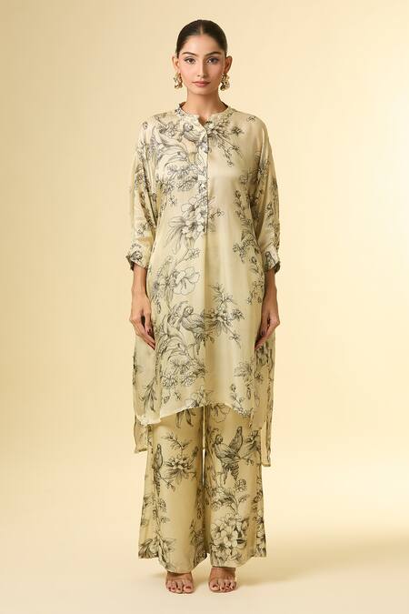 Paulmi And Harsh Beige Cotton Tassels Mandarin Collar Flower Printed Kurta Pant Set Online at Aza Fashions Paulmi And Harsh_Beige Cotton Tassels Mandarin Collar Flower Printed Kurta Pant Set_Online_at_Aza_Fashions