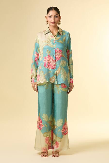 Paulmi And Harsh_Blue Silk Beads, Embroidery Collared Flower Bloom Print Shirt And Pant Set_Online_at_Aza_Fashions