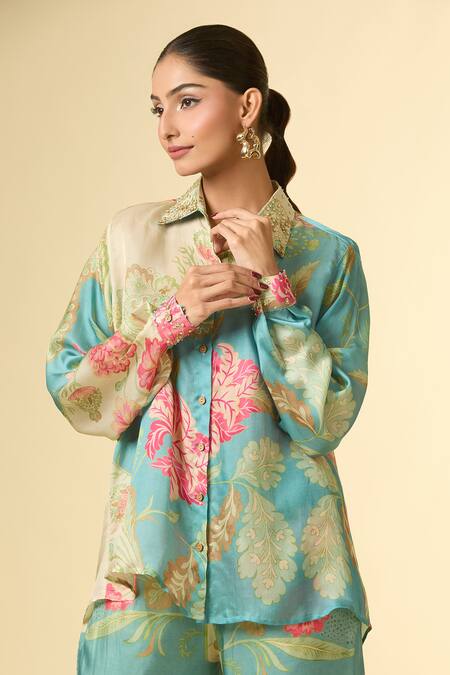 Paulmi And Harsh_Blue Silk Beads, Embroidery Collared Flower Bloom Print Shirt And Pant Set_at_Aza_Fashions