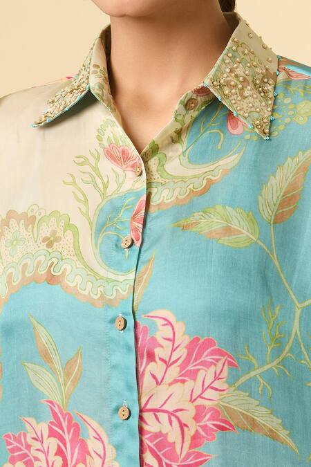 Buy_Paulmi And Harsh_Blue Silk Beads, Embroidery Collared Flower Bloom Print Shirt And Pant Set