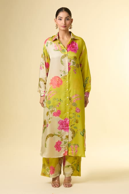 Shop_Paulmi And Harsh_Green Silk Embroidery Collared Floral Vine Printed Shirt Tunic And Pant Set_Online_at_Aza_Fashions