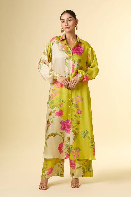 Paulmi And Harsh_Green Silk Embroidery Collared Floral Vine Printed Shirt Tunic And Pant Set_at_Aza_Fashions