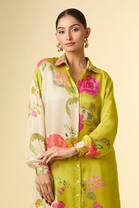 Buy_Paulmi And Harsh_Green Silk Embroidery Collared Floral Vine Printed Shirt Tunic And Pant Set