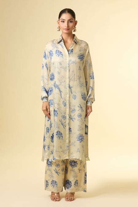 Paulmi And Harsh_Beige Cotton Embroidery Collared Lotus Print Shirt Tunic And Pant Set_Online_at_Aza_Fashions