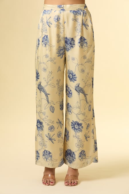 Shop_Paulmi And Harsh_Beige Cotton Embroidery Collared Lotus Print Shirt Tunic And Pant Set_Online_at_Aza_Fashions