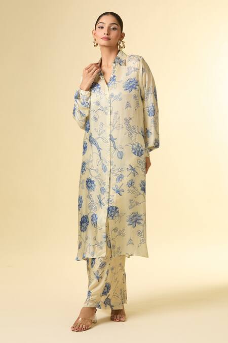 Paulmi And Harsh_Beige Cotton Embroidery Collared Lotus Print Shirt Tunic And Pant Set_at_Aza_Fashions