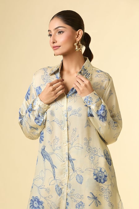 Buy_Paulmi And Harsh_Beige Cotton Embroidery Collared Lotus Print Shirt Tunic And Pant Set