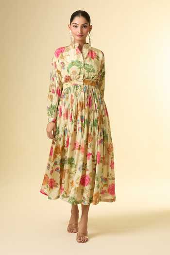 3/4-Sleeve Mandarin Collar Floral Embroidered Midi A-Line Dress main image 1