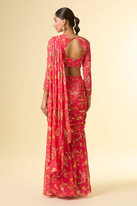 Paulmi And Harsh Coral Floral Vine Printed Pre-Draped Saree 