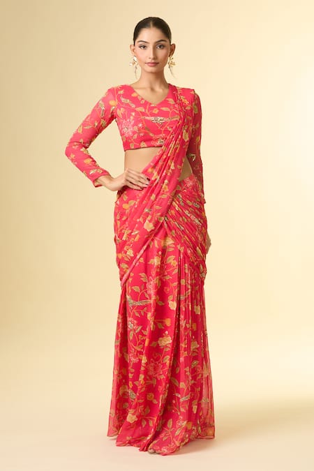 Paulmi And Harsh_Coral Chiffon Sequins, Cut Work V-neck Vine Printed Pre-draped Saree _Online_at_Aza_Fashions