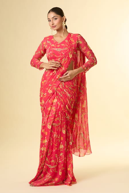 Buy_Paulmi And Harsh_Coral Chiffon Sequins, Cut Work V-neck Vine Printed Pre-draped Saree _Online_at_Aza_Fashions
