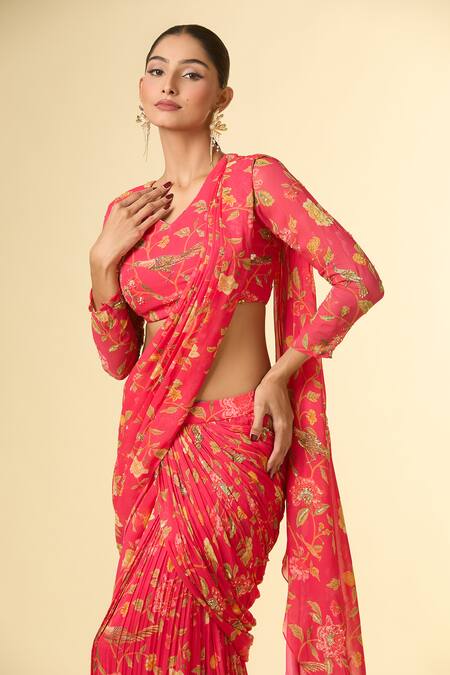 Shop_Paulmi And Harsh_Coral Chiffon Sequins, Cut Work V-neck Vine Printed Pre-draped Saree _Online_at_Aza_Fashions