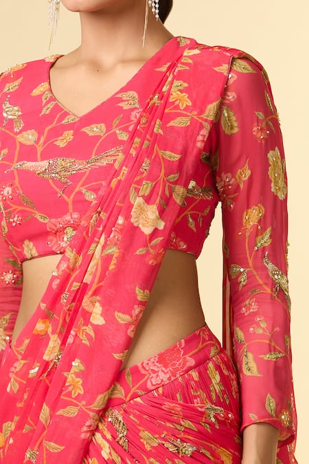 Paulmi And Harsh_Coral Chiffon Sequins, Cut Work V-neck Vine Printed Pre-draped Saree _at_Aza_Fashions