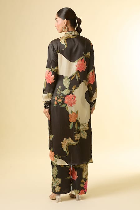 Shop Paulmi And Harsh Black Silk Sequins, Beads Collared Bloom Print Shirt Tunic And Pant Set at Aza Fashions Shop_Paulmi And Harsh_Black Silk Sequins, Beads Collared Bloom Print Shirt Tunic And Pant Set_at_Aza_Fashions