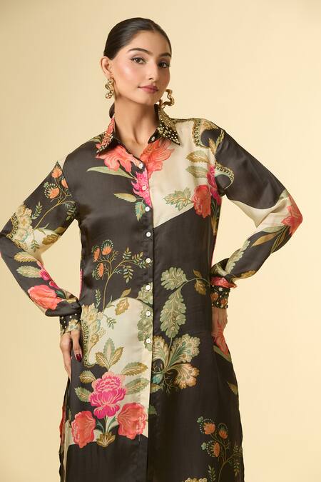 Paulmi And Harsh Black Silk Sequins, Beads Collared Bloom Print Shirt Tunic And Pant Set Online at Aza Fashions Paulmi And Harsh_Black Silk Sequins, Beads Collared Bloom Print Shirt Tunic And Pant Set_Online_at_Aza_Fashions