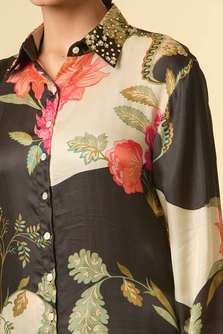 Buy Paulmi And Harsh Black Silk Sequins, Beads Collared Bloom Print Shirt Tunic And Pant Set Online at Aza Fashions Buy_Paulmi And Harsh_Black Silk Sequins, Beads Collared Bloom Print Shirt Tunic And Pant Set_Online_at_Aza_Fashions
