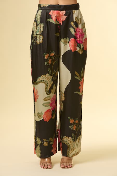 Shop Paulmi And Harsh Black Silk Sequins, Beads Collared Bloom Print Shirt Tunic And Pant Set Online at Aza Fashions Shop_Paulmi And Harsh_Black Silk Sequins, Beads Collared Bloom Print Shirt Tunic And Pant Set_Online_at_Aza_Fashions