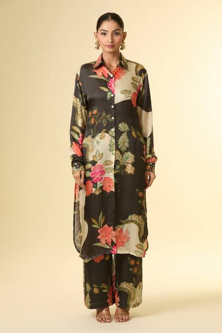 Paulmi And Harsh Black Silk Sequins, Beads Collared Bloom Print Shirt Tunic And Pant Set at Aza Fashions Paulmi And Harsh_Black Silk Sequins, Beads Collared Bloom Print Shirt Tunic And Pant Set_at_Aza_Fashions