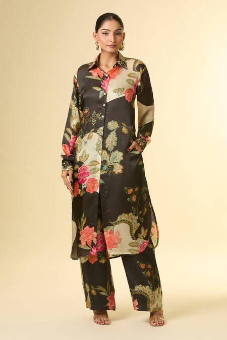 Buy Paulmi And Harsh Black Silk Sequins, Beads Collared Bloom Print Shirt Tunic And Pant Set Buy_Paulmi And Harsh_Black Silk Sequins, Beads Collared Bloom Print Shirt Tunic And Pant Set