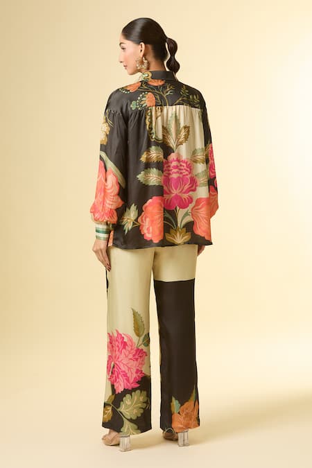 Shop Paulmi And Harsh Black Silk Collared French Bloom Printed Shirt And Pant Set at Aza Fashions Shop_Paulmi And Harsh_Black Silk Collared French Bloom Printed Shirt And Pant Set _at_Aza_Fashions