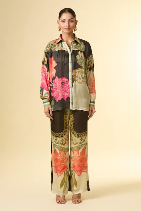 Paulmi And Harsh Black Silk Collared French Bloom Printed Shirt And Pant Set Online at Aza Fashions Paulmi And Harsh_Black Silk Collared French Bloom Printed Shirt And Pant Set _Online_at_Aza_Fashions