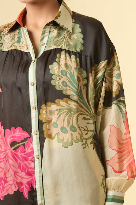 Buy Paulmi And Harsh Black Silk Collared French Bloom Printed Shirt And Pant Set Online at Aza Fashions Buy_Paulmi And Harsh_Black Silk Collared French Bloom Printed Shirt And Pant Set _Online_at_Aza_Fashions